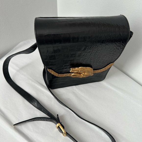 Vintage Black Purse Leather Alligator Skin Embossed Crossbody Shoulder Gold - Picture 4 of 13
